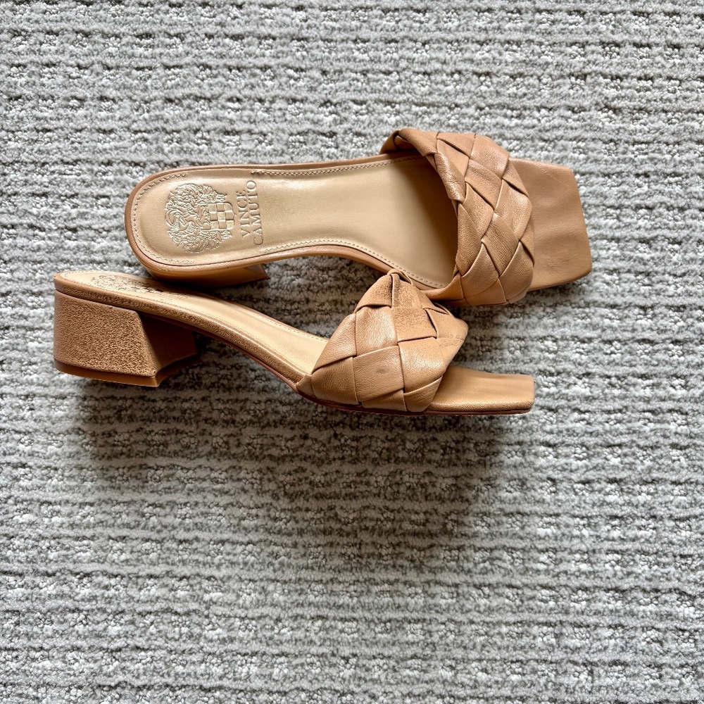 Vince Camuto Braided Tan Leather Block Heel Mules